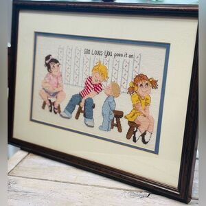 Vintage Cross-Stitch Religious Framed Picture. Children | Bible Verse 11x15